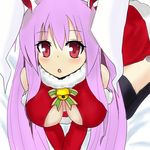  all_fours animal_ears bell black_legwear breasts breasts_apart bunny_ears cleavage_cutout large_breasts long_hair open_mouth pink_hair purple_hair red_eyes reisen_udongein_inaba santa_costume sleeveless solo sprout_(33510539) touhou 