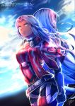  1girl absurdres armor blue_eyes bodysuit breasts dark_skin elma_(true_form)_(xenoblade_x) elma_(xenoblade_x) gloves hair_ornament highres long_hair nintendo shirohunter simple_background spoilers white_hair xenoblade_(series) xenoblade_chronicles_x 