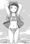  1girl bare_legs beach blonde_hair digimon digimon_frontier female hat highres hikawadou long_hair monochrome orimoto_izumi panties smile solo underwear wink 