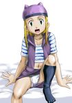  1girl bed blonde_hair digimon digimon_frontier female hat highres hikawadou long_hair open_mouth orimoto_izumi panties simple_background smile solo underwear 