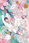  aruco bandana boots bracelet bunny cookie dessert doodle falling flower food hakutaku_(hoozuki_no_reitetsu) holding hoozuki_no_reitetsu jewelry male_focus petals purple_hair solo sugar_cube tray 