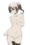  black_legwear breasts cleavage covering covering_breasts highres kaga_(kantai_collection) kantai_collection large_breasts monochrome nanaku_teiru panties sepia short_hair side-tie_panties side_ponytail smile solo thighhighs topless underwear 