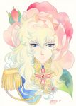  androgynous blonde_hair blue_eyes epaulettes face flower highres lips long_hair oscar_francois_de_jarjayes petals rose rose_petals solo traditional_media versailles_no_bara 