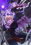  1girl :o beamed_eighth_notes blonde_hair blue_eyes bone bow_(instrument) dress formal gloves glowing glowing_eyes hat highres horns instrument kageis moon music musical_note pixiv_fantasia pixiv_fantasia_t playing_instrument purple_eyes purple_hair quarter_note skeleton star suit sword thighhighs treble_clef violin weapon witch_hat 