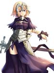  armor blonde_hair blurry braid breasts capelet depth_of_field fate/apocrypha fate_(series) headpiece jeanne_d'arc_(fate) jeanne_d'arc_(fate)_(all) large_breasts long_hair rain_(nadroj31) simple_background single_braid sketch smile solo thighhighs 