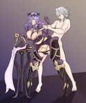  1girl armor breasts camilla_(fire_emblem_if) clothed_female_nude_male dick_hammersmith fire_emblem fire_emblem_if gradient gradient_background impossible_clothes my_unit_(fire_emblem_if) purple_hair sex silver_hair underwear 