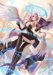  2015 archangel_metatron_(p&amp;d) bad_id bad_pixiv_id blue_eyes book bridal_gauntlets choker dated full_body highres long_hair magic_circle pink_hair puzzle_&amp;_dragons revealing_clothes runes shoes signature solo white_wings wings zeroshiki_kouichi 