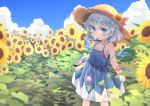  1girl adapted_costume bare_arms bare_shoulders blue_dress blue_eyes blue_hair blue_sky blurry blush cirno cloud collarbone day depth_of_field dress eyebrows_visible_through_hair field flat_chest flower flower_field food hat hat_flower hat_ribbon ice ice_cream ice_wings kibisake melting morning_glory mouth_hold outdoors red_ribbon ribbon short_hair skirt_hold sky sleeveless sleeveless_dress solo standing straw_hat sun_hat sunflower tanned_cirno touhou wings 