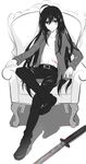  ahoge althea_(sakiya0000) black_hair blood chair crossed_legs hair_down injury long_hair male_focus monochrome namazuo_toushirou open_clothes open_shirt pants purple_eyes shirt sitting solo spot_color sword torn_clothes torn_pants touken_ranbu very_long_hair wakizashi weapon 