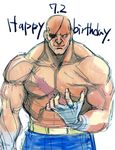  abs bald dated happy_birthday highres male_focus muscle no_pupils sagat scar shirtless smile solo street_fighter tetsu_(kimuchi) 
