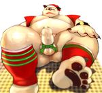  2014 anthro anus balls bear belly black_fur blush bottomless bow bow_on_penis brown_nose butt christmas claws clothed clothing dong_ribbon dripping erect_nipples erection fur half-dressed hat hindpaw holidays iceman1984 kemono leaking leg_warmers legwear looking_at_viewer lying male mammal moobs nipples on_back open_mouth overweight panda partially_clothed pawpads paws penis plain_background precum presenting presenting_penis ribbons santa_hat solo spread_legs spreading uncut vest white_background white_fur wristband 