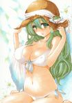  absurdres alternate_costume bare_shoulders bikini breasts floral_background frog_hair_ornament front-tie_top green_eyes green_hair hair_between_eyes hair_ornament hair_tubes hat highres kochiya_sanae large_breasts long_hair looking_at_viewer marker_(medium) side-tie_bikini sitting solo straw_hat swimsuit touhou traditional_media white_bikini yurun 
