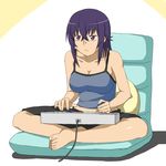  arcade_stick bangs barefoot butterfly_sitting camisole casual chair controller crossed_bangs enderspain full_body game_controller highres indian_style joystick long_hair original pillow playing_games purple_eyes purple_hair shorts simple_background sitting solo tank_top yome_(enderspain) 