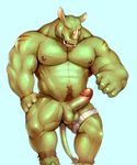  2015 abs anthro blue_background body_hair condom erection fur green_skin happy_trail horn iceman1984 male mammal muscles navel nipple_piercing nipples nude open_mouth pecs penis piercing plain_background pubes red_eyes rhinoceros solo standing stripes tail_tuft teeth tuft tusks vein veiny_penis 