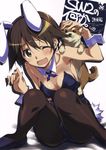  ;d absurdres animal animal_ears animal_on_shoulder bare_shoulders black_legwear blush breasts brown_eyes brown_hair bunny_ears bunny_tail bunnysuit cleavage collarbone detached_collar dog fake_animal_ears fishnet_pantyhose fishnets highres knees_together_feet_apart kurashima_tomoyasu leotard miyafuji_yoshika one_eye_closed open_mouth pantyhose petting shiny shiny_hair short_hair sitting small_breasts smile solo strike_witches tail world_witches_series wrist_cuffs 
