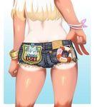  absurdres adapted_object adjusting_clothes ass ass_focus badge bangle blonde_hair blue_eyes bracelet chaki_(teasets) character_name character_print close-up cutoffs dark_skin denim denim_shorts engrish facing_away flower from_behind gradient gradient_background hair_flower hair_ornament highres innertube jewelry kantai_collection lifebuoy long_hair lower_body one-piece_tan ranguage ro-500_(kantai_collection) short_shorts shorts solo swimsuit tan tanline torpedo u-511_(kantai_collection) 