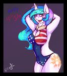  2015 4th_of_july anthro anthrofied armpits blush cleavage clothed clothing cutie_mark dragk english_text equine friendship_is_magic hair hands_behind_head horn long_hair looking_at_viewer mammal multicolored_hair my_little_pony one_eye_closed princess_celestia_(mlp) solo text unicorn 