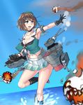  black_gloves black_legwear blue_eyes blue_sky blurry blush breasts brown_hair cannon choker clenched_hand covered_nipples crop_top day depth_of_field enemy_aircraft_(kantai_collection) floating gloves hair_ornament hairclip hat hat_ribbon headgear highres horizon huge_breasts kantai_collection looking_to_the_side machinery maya_(kantai_collection) midriff mizuumi_(bb) navel ocean outstretched_arm outstretched_hand pleated_skirt puffy_nipples remodel_(kantai_collection) ribbon sailor_collar school_uniform serafuku shinkaisei-kan short_hair skirt sky sleeveless smile smoke_trail standing standing_on_one_leg 