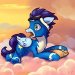  2015 bodysuit clothing cloud equine eyewear feathered_wings feathers feral flying friendship_is_magic goggles karol_pawlinski male mammal my_little_pony pegasus signature skinsuit soarin_(mlp) solo teeth wings wonderbolts_(mlp) 