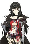  1girl bandage belts black_hair black_legwear breasts brown_eyes choker gauntlet laces long_hair short_shorts simple_background tales_of_(series) tales_of_berseria thighhighs torn_clothes underboob velvet_(tales) velvet_crowe 