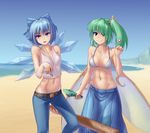  baseball_bat beach belt bikini blue_eyes blue_hair blue_skirt bottle breasts breasts_apart broken_bottle candy cigarette cirno club contemporary crop_top daiyousei day denim fairy flower food green_eyes green_hair hater_(hatater) highres jeans lollipop long_skirt looking_at_viewer medium_breasts midriff multiple_girls nail nail_bat navel no_panties non-web_source ocean older outdoors pants rose sand shirt skinny skirt sky small_breasts smile smoke smoking strap_gap swimsuit t-shirt teenage touhou water weapon 