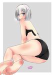  ass bad_id bad_pixiv_id barefoot blue_eyes bra breasts condom feet hair_ornament hair_over_one_eye hairclip hamakaze_(kantai_collection) highres kantai_collection large_breasts panties pussy short_hair soles solo toes underwear white_hair zeroyama 