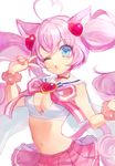  ahoge animal_ears bangs blue_eyes bow bracelet breasts cat_ears cat_tail hair_ornament heart jewelry long_hair medium_breasts midriff momoshiki_tsubaki nail_polish navel one_eye_closed pink_hair ribbon rosia_(show_by_rock!!) show_by_rock!! skirt solo tail twintails v white_background 