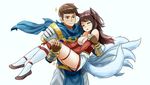  1girl ahri animal_ears armor bare_shoulders breasts brown_hair carrying cleavage closed_eyes detached_sleeves fox_ears fox_tail garen_crownguard korean_clothes league_of_legends long_hair medium_breasts multiple_tails princess_carry short_hair sieyarelow tail 