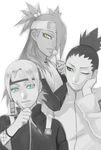  2boys akimichi_chouchou forehead_protector green_eyes hal_(sakurajam) long_hair multiple_boys nara_shikadai naruto naruto_(series) ponytail yamanaka_inojin yellow_eyes 