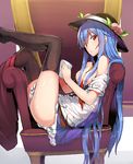  absurdres bad_id bad_pixiv_id between_breasts black_legwear blouse blue_hair breasts chair colorized cup cupping food fruit hair_censor hat highres hinanawi_tenshi holding long_hair looking_at_viewer looking_to_the_side medium_breasts mug neck_ribbon necktie necktie_between_breasts neropaso off_shoulder open_clothes open_shirt peach reclining red_eyes ribbon shirt short_sleeves sideways_glance simple_background sitting_sideways sketch solo thighhighs touhou very_long_hair white_shirt 