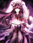  bad_id bad_pixiv_id book cape coat crescent dress hair_ribbon hat highres jan_(lightdragoon) long_hair long_sleeves looking_at_viewer mob_cap open_book open_clothes open_coat patchouli_knowledge purple_eyes purple_hair ribbon solo striped striped_dress touhou tress_ribbon very_long_hair wide_sleeves 