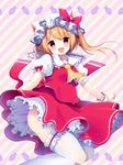  animal_ears animal_hat ascot blonde_hair bow cat_ears cat_hat fang flandre_scarlet hat hat_bow highres long_hair looking_at_viewer open_mouth puffy_sleeves red_eyes shiika_yuno short_sleeves side_ponytail smile solo thighhighs touhou white_legwear wrist_cuffs 