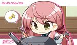  :3 akashi_(kantai_collection) blush blush_stickers cannon dated eighth_note green_eyes hair_ribbon highres kantai_collection kisaragi_yuu_(re:lucks) long_hair musical_note pink_hair ribbon school_uniform screwdriver serafuku smile solo spoken_musical_note tress_ribbon wrench 