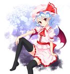  arm_rest ascot bat_wings black_legwear blue_hair frilled_skirt frills gradient gradient_background hat hat_ribbon head_tilt junior27016 knee_up looking_at_viewer miniskirt mob_cap no_shoes pointy_ears puffy_short_sleeves puffy_sleeves red_eyes remilia_scarlet ribbon sash short_hair short_sleeves sitting skirt skirt_set smile solo thighhighs touhou wings zettai_ryouiki 