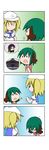  3girls 4koma absurdres animal_ears blonde_hair brown_hair chibi closed_eyes comic flying_sweatdrops gradient gradient_background gradient_hair green_hair hands_on_own_chest hands_together hat head_down highres hijiri_byakuren kasodani_kyouko kitashirakawa_chiyuri multicolored_hair multiple_girls myouren_temple o_o open_mouth puffy_short_sleeves puffy_sleeves purple_hair rakugaki-biyori sailor_hat school_uniform serafuku short_sleeves silent_comic spoken_object spoken_person sweatdrop touhou twintails waving 