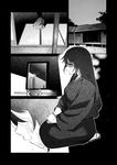  1girl admiral_(kantai_collection) bad_id bad_twitter_id commentary funeral_kimono greyscale highres house incense japanese_clothes kantai_collection kimono long_hair monochrome nagato_(kantai_collection) photo_(object) seiza shaded_face sitting sliding_doors synecdoche tears 