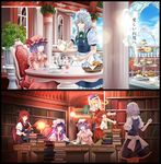  apron arkatopia balcony basket blonde_hair blue_hair blue_sky book_stack bookshelf cake carrying chair closed_eyes cloud crescent cup day demon_girl demon_wings dress flandre_scarlet food hat hat_ribbon head_wings hong_meiling interlocked_fingers izayoi_sakuya juliet_sleeves koakuma library long_sleeves maid maid_headdress mob_cap multiple_girls outdoors patchouli_knowledge pink_dress plant potted_plant pudding puffy_short_sleeves puffy_sleeves purple_eyes purple_hair red_eyes red_hair remilia_scarlet ribbon shirt short_sleeves shoulder_carry side_ponytail silver_hair sitting sky smile star table tea_party teacup teapot tiered_tray touhou translation_request waist_apron wings 