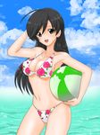  ball beachball bikini black_eyes black_hair floral_print girls_und_panzer isuzu_hana long_hair matsui_yasutsugu solo standing swimsuit 