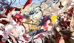  4girls ail_(tsubasa) androgynous bheth_fleeson borrowed_character braid commentary_request hat highres karadoa_(infukun) lancelot_(quaanqin) long_hair meikujira_kishi multiple_boys multiple_girls pixiv_fantasia pixiv_fantasia_t realmbw red_eyes red_hair red_rulu_(saru) smile sword very_long_hair weapon yae_yamabuki yellow_eyes 