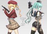  2girls aqua_eyes aqua_hair ass bangs beret black_gloves black_legwear black_ribbon blonde_hair blush breasts character_name cropped_jacket detached_sleeves dual_wielding eyebrows_visible_through_hair girls_frontline gloves grey_background gun hair_ribbon hat holding holding_gun holding_weapon holster imi_uzi jacket kesomaru large_breasts long_hair long_sleeves looking_at_viewer micro_uzi micro_uzi_(girls_frontline) midriff multiple_girls open_mouth plaid plaid_skirt red_hat ribbon short_shorts shorts simple_background skirt smile sten_mk2_(girls_frontline) submachine_gun thighhighs twintails weapon yellow_eyes 