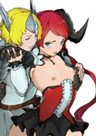  1boy 1girl armor bella_(crusaders_quest) blonde_hair breast_grab breasts crusaders_quest grabbing horn laa_jii_shii leon_(crusaders_quest) nipples red_hair short_hair simple_background skirt tongue_out 