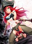  1girl :q beard breasts chibi cleavage crotchless_clothes crotchless_pants dual_wielding facial_hair gangplank green_eyes gun hat holding kod0415 large_breasts league_of_legends panties pirate pirate_hat red_hair sarah_fortune sitting sitting_on_person tongue tongue_out tricorne underwear weapon 