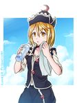  blonde_hair blue_sky bottle character_name cloud crescent day hat looking_at_viewer lunasa_prismriver mumyuu outdoors short_hair short_sleeves skirt skirt_set sky solo sweat touhou towel triangle_mouth unbuttoned water_bottle wiping_sweat yellow_eyes 