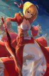 1girl ahoge armored_boots blonde_hair boots braided_bun breasts cleavage corset fate/extra fate_(series) hair_ribbon highres holding holding_sword holding_weapon knee_boots kou_v05first long_sleeves looking_at_viewer medium_breasts nero_claudius_(fate) nero_claudius_(fate)_(all) red_ribbon ribbon see-through shiny shiny_hair short_hair shrug_(clothing) smile solo sword weapon yellow_eyes 