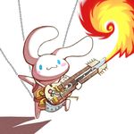  blue_eyes chain cinnamoroll commentary electric_guitar fire flamethrower guitar highres instrument mad_max mad_max:_fury_road no_humans parody sanrio simple_background smile the_doof_warrior weapon 