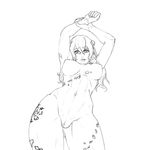  arms_up biting bloodstained:_ritual_of_the_night breasts contrapposto cowboy_shot greyscale horns large_breasts lip_biting long_hair miriam_(bloodstained) monochrome navel nipples novam nude pussy sketch solo stained_glass standing 
