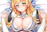  armor blonde_hair blush breasts cendrillion_(wonderland_wars) cleavage earrings green_eyes hair_ribbon jewelry large_breasts long_hair looking_at_viewer lying miyamoto_issa on_back parted_lips ribbon shoulder_armor solo wonderland_wars 