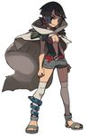  1girl bare_midriff black_hair breasts brown_hair cape cleavage edit higana_(pokemon) poke_ball pokemon pokemon_(game) pokemon_oras sandals simple_background solo thighhighs 