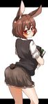  amonitto animal_ears ass blush book brown_hair bunny_ears bunny_tail carrying glasses highres looking_at_viewer original red_eyes shirt short_hair short_sleeves skirt solo tail vest 