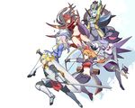  5girls armor arrow blonde_hair blue_hair cat crusaders_quest d&#039;artagnan_(crusaders_quest) d'artagnan_(crusaders_quest) dorothy_(crusaders_quest) gradient gradient_background hat huge_sword knight kriemhild_(crusaders_quest) kumiko_(aleron) leon_(crusaders_quest) long_hair maria_(crusaders_quest) multiple_girls pointy_ears sigruna_(crusaders_quest) sword weapon witch witch_hat 